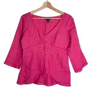 Ann Taylor 100% Irish Linen Pink V-neck Empire Waist Blouse size 2 Babydoll
